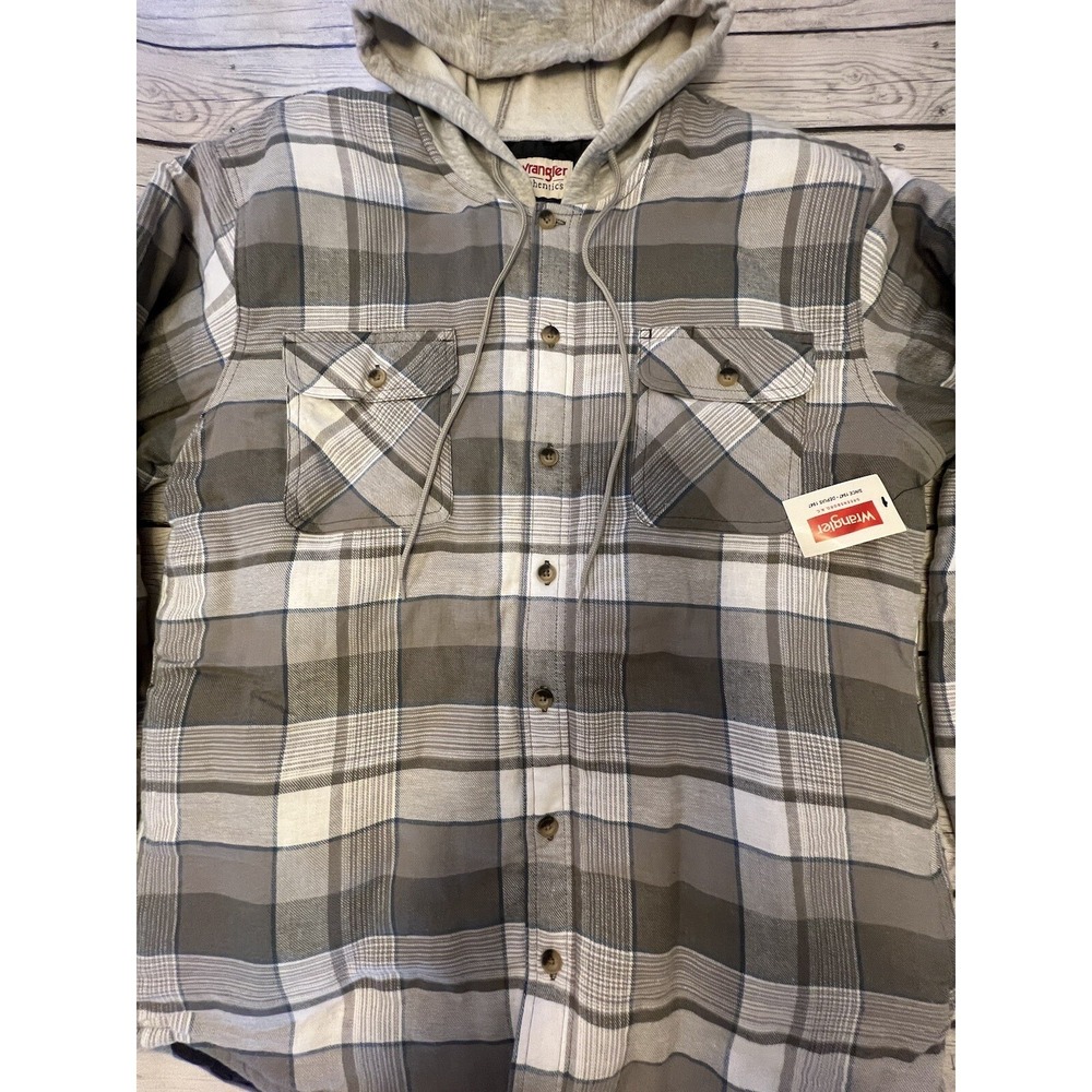 Wrangler Authentics Flannel Hooded Insulated Button-Up Jacket Mens L Gray Plaid - Picture 4 of 9